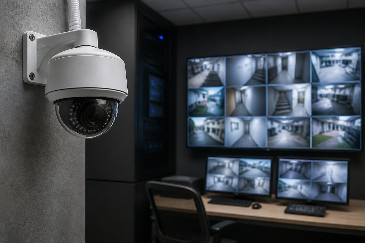 Finished CCTV system with mounted cameras in a clean control setup.