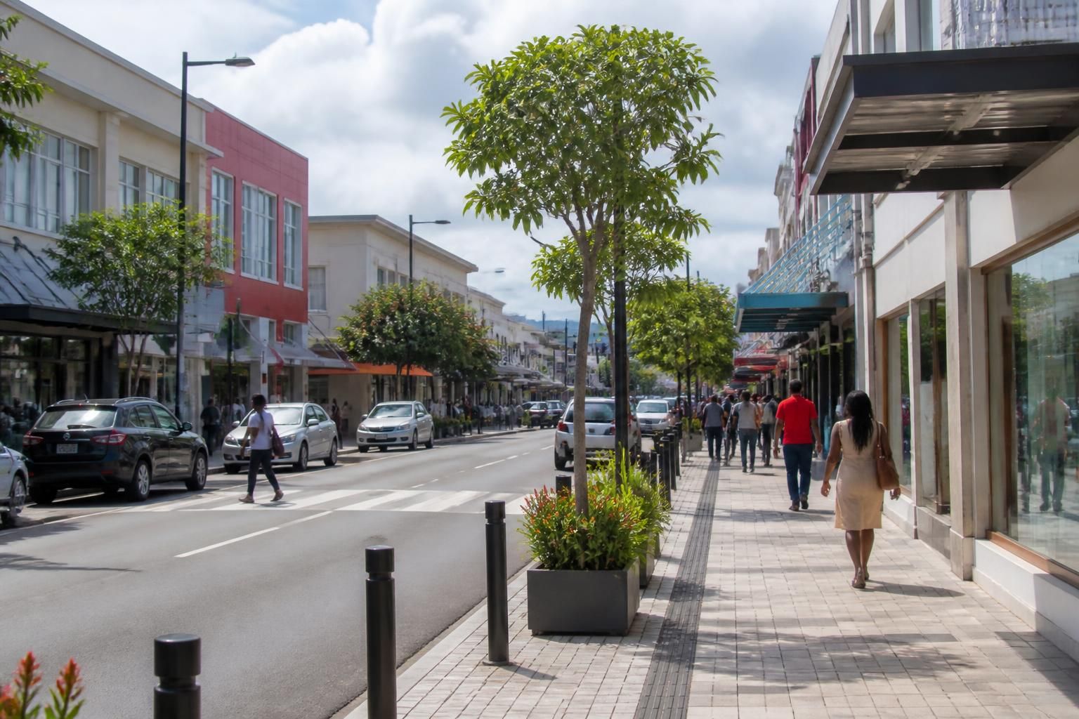 Clean urban commercial district scene in Chaguanas.