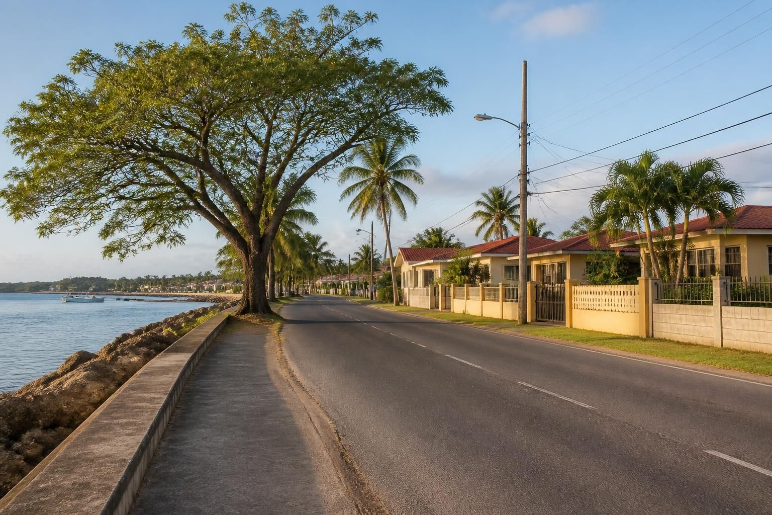 Calm coastal community scene in Claxton Bay.