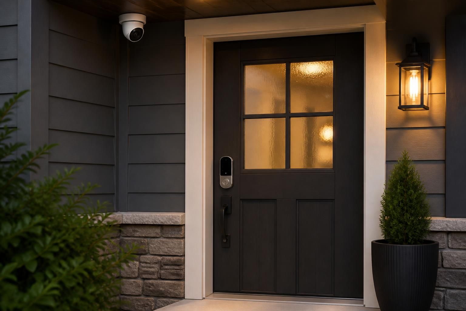 Secure home entryway with visible camera coverage and smart lock.