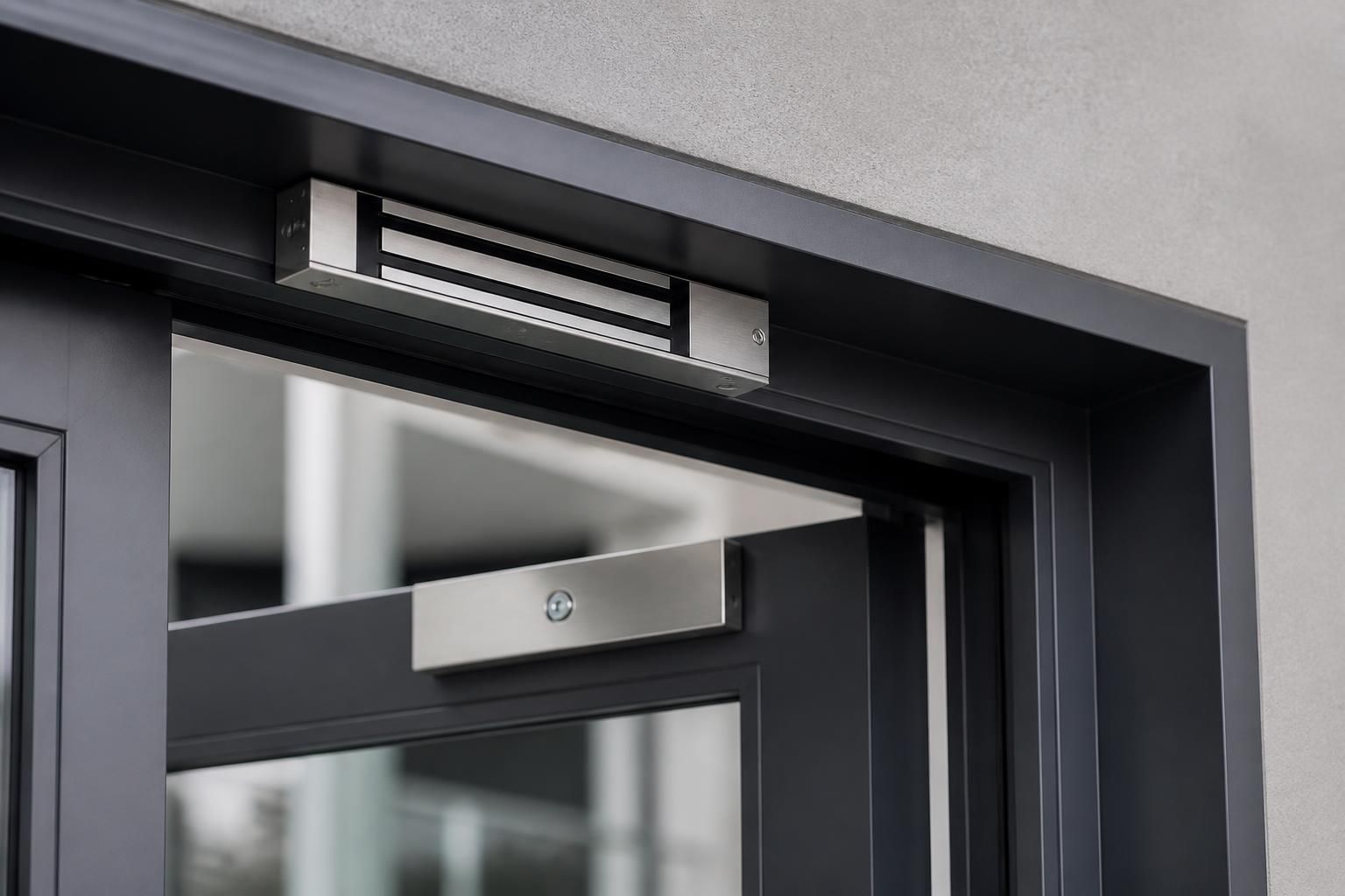 Magnetic door lock installed on a secure modern entry door.