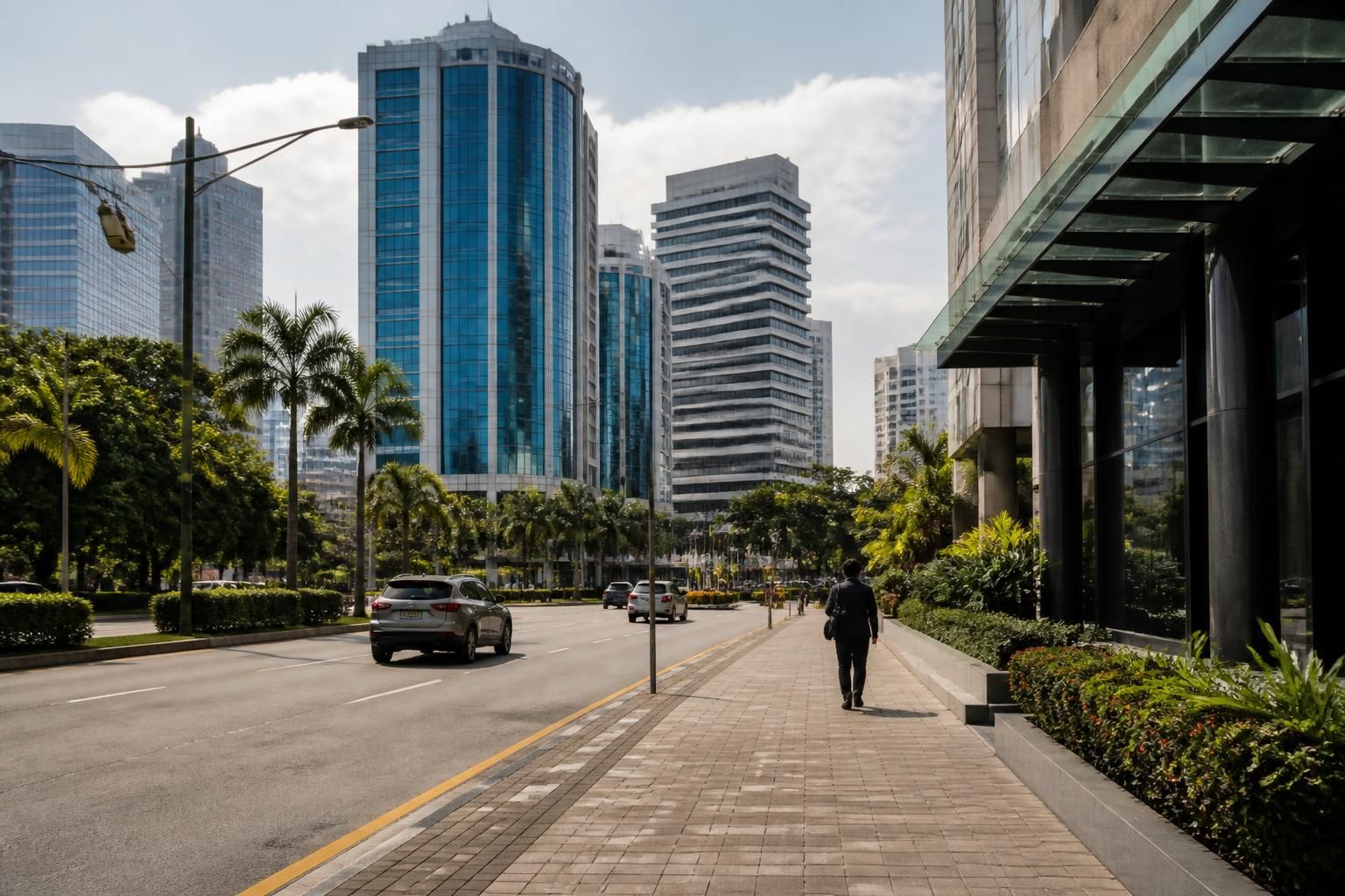 Polished urban streetscape with modern buildings in Port of Spain.