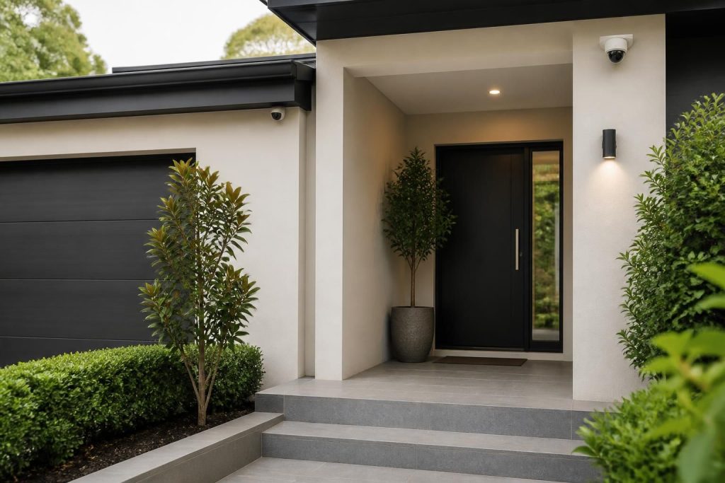 Modern home exterior with discreetly installed security cameras at the entrance.