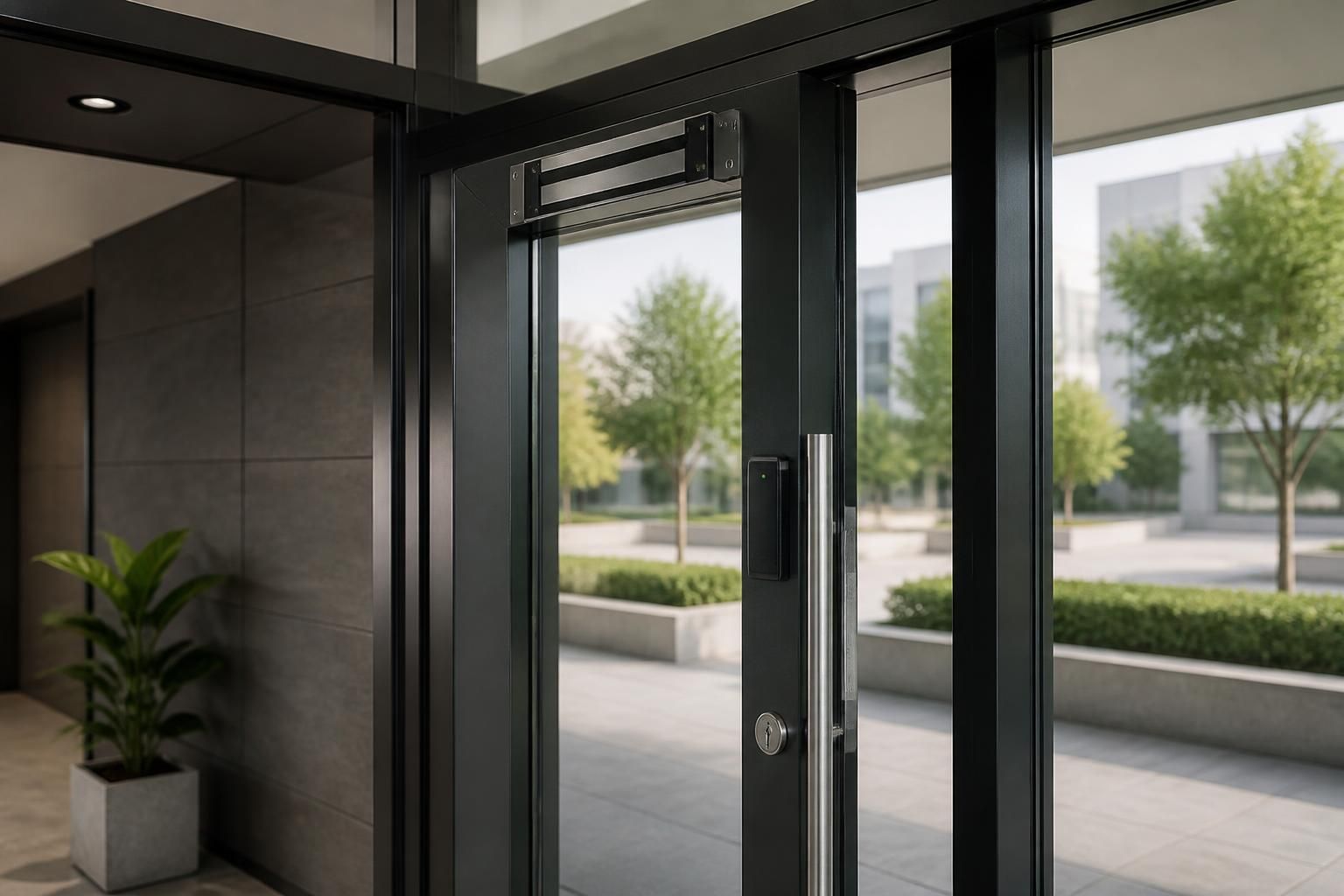 Commercial entrance with a magnetic door lock and modern access hardware.