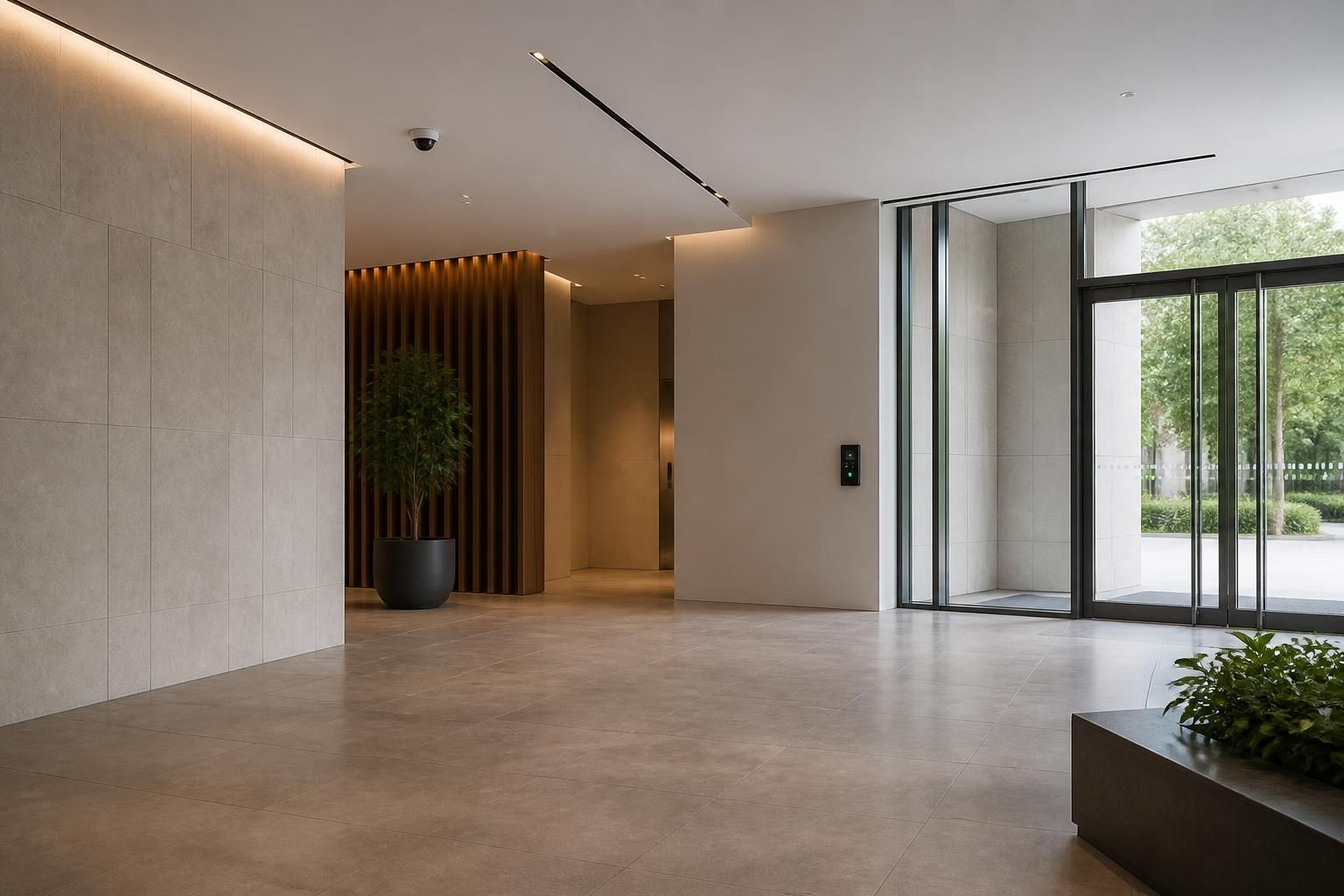 Business lobby with discreet security cameras and access control system.