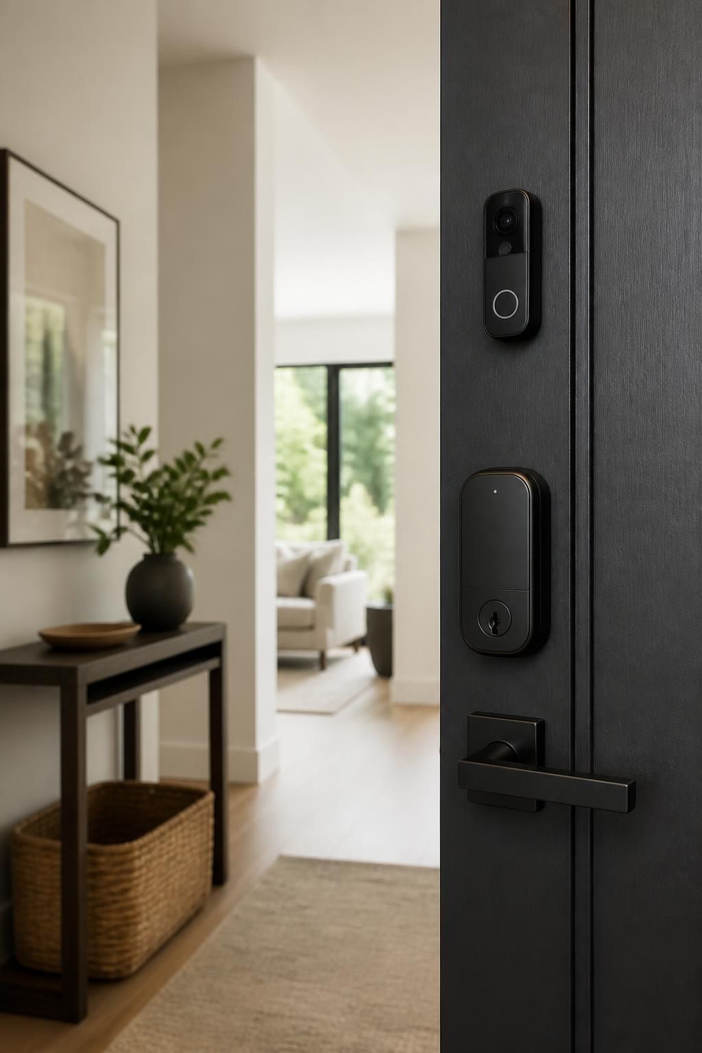 Modern entryway featuring a smart lock and security system.