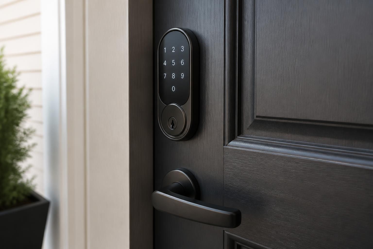 Sleek smart door lock installed on a finished entry door.