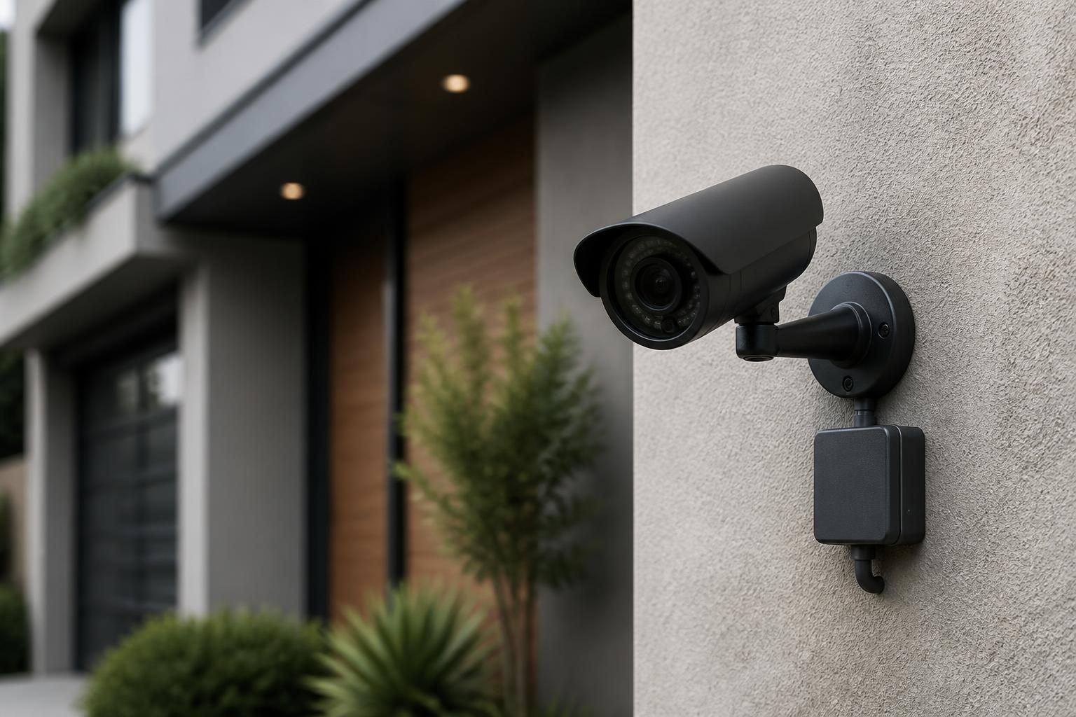 Upgraded surveillance cameras mounted on a finished property exterior.